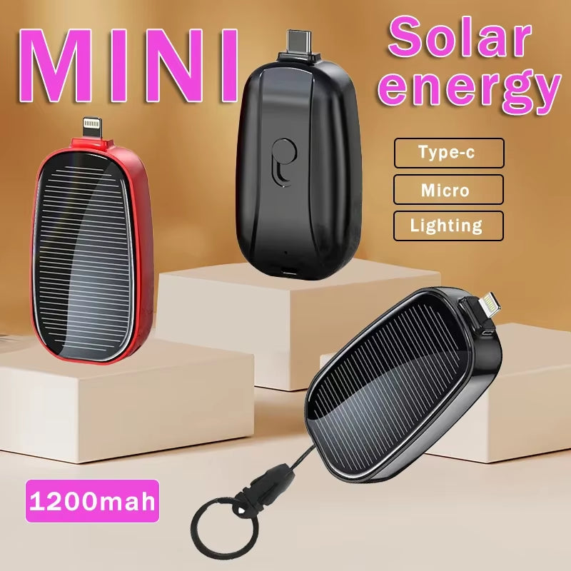 Solar Power Bank Mini Key Ring Portable Charger 1200Mah Outdoor Camping External Battery Emergent Power Cargador Portátil 보조배터리