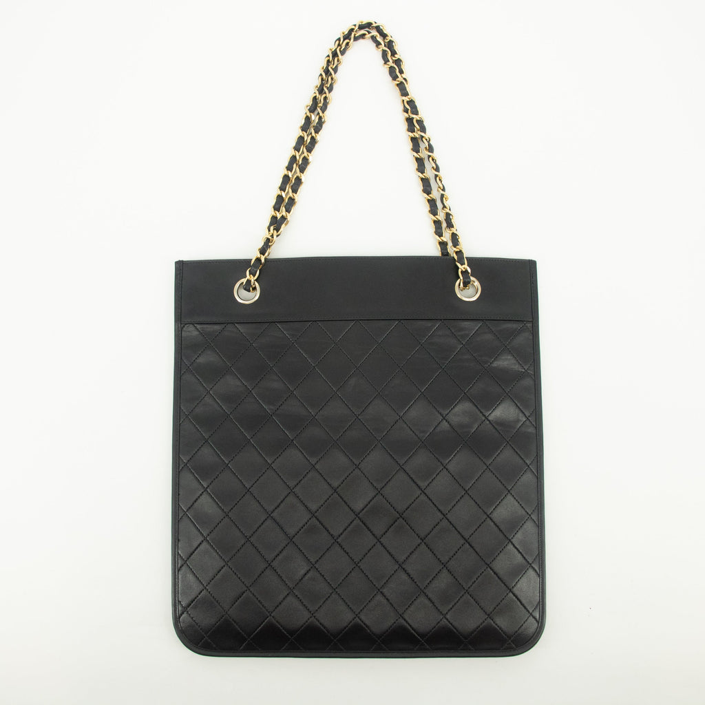Chanel Lambskin Quilted CC Flat Tote Bag Chain Black Coco Mark #2335