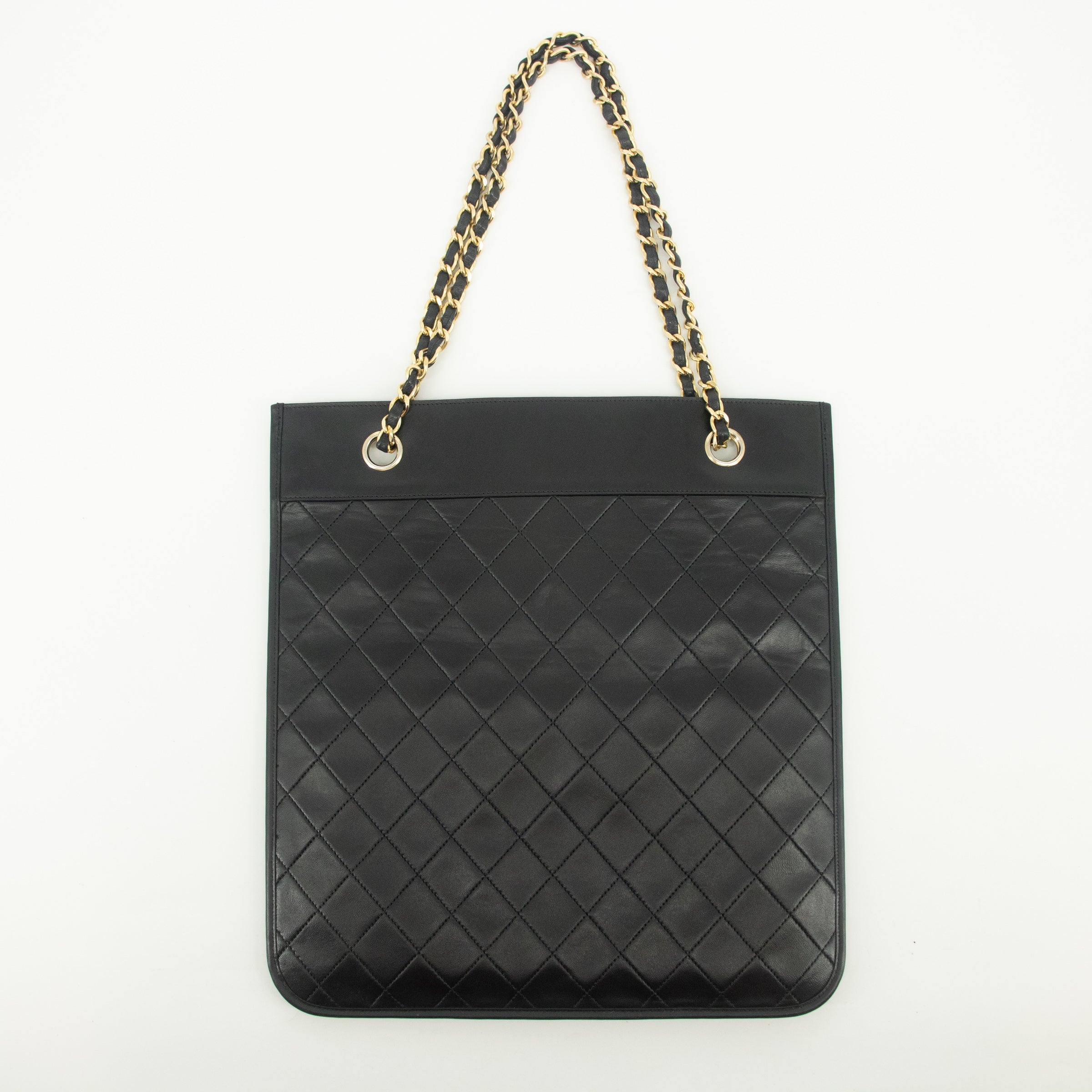 Chanel Lambskin Quilted CC Flat Tote Bag Chain Black Coco Mark #2335
