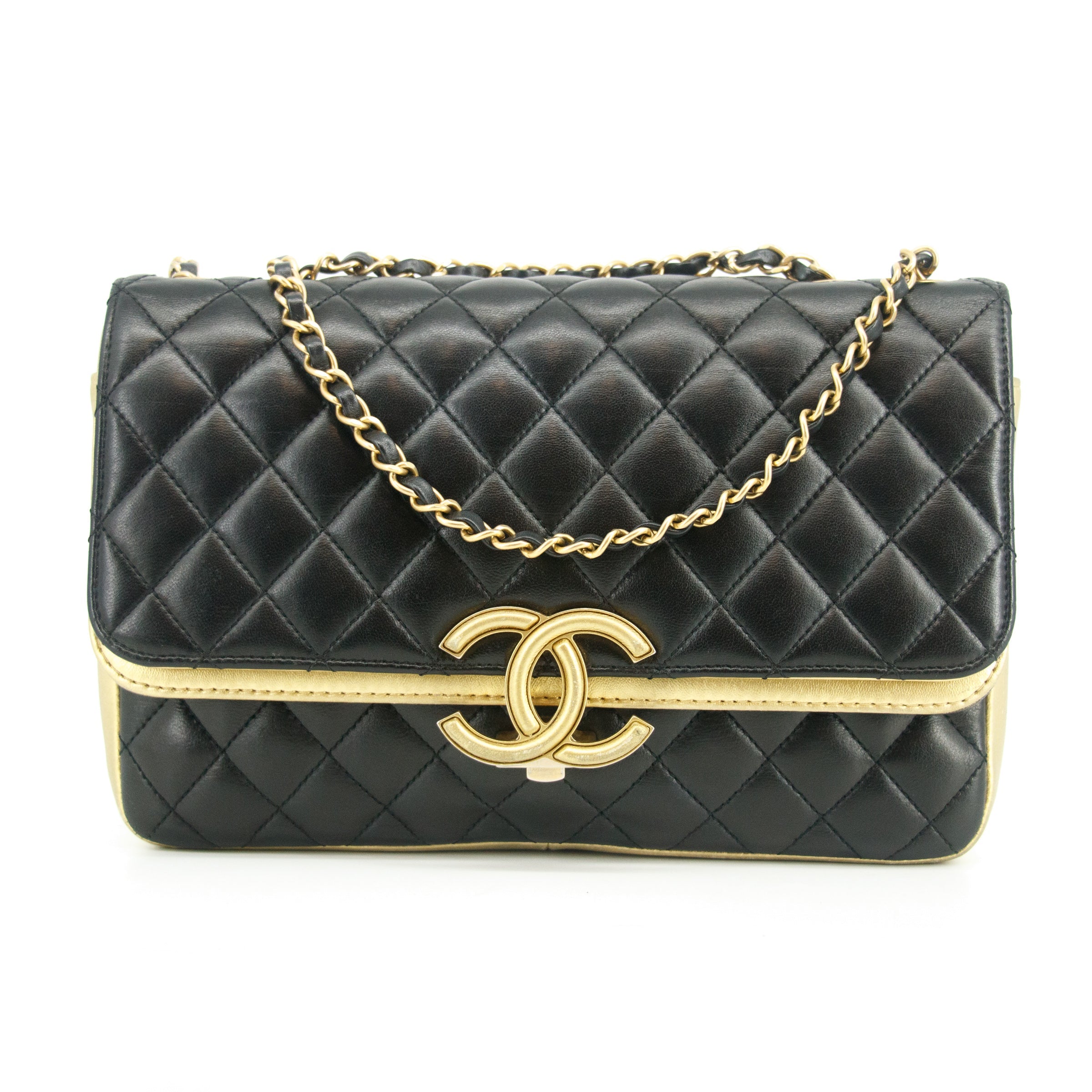 Chanel Double Flap Bag Quilted Lamb Skin Black &amp; Gold Large 28 Series-#2708