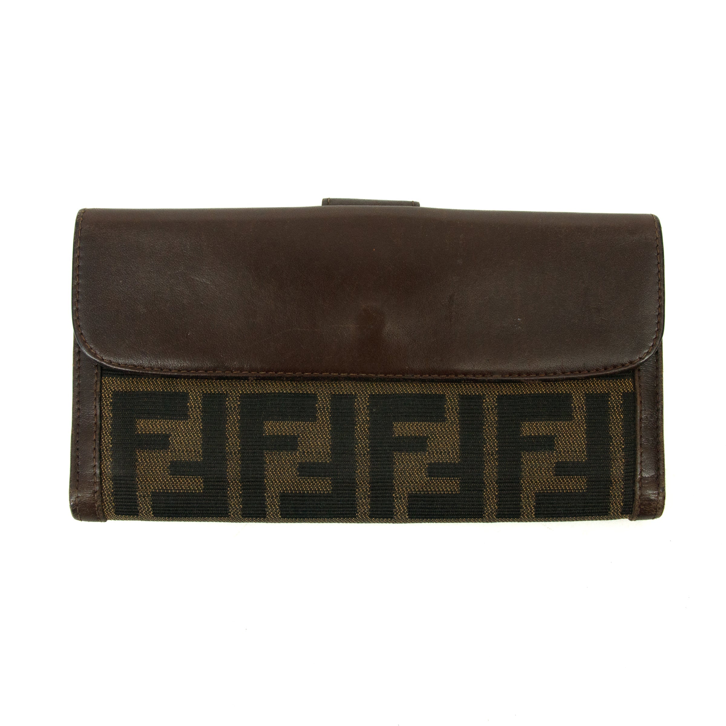 Fendi FF Zucca Leather x Canvas Brown Long Bifold Wallet  #3298