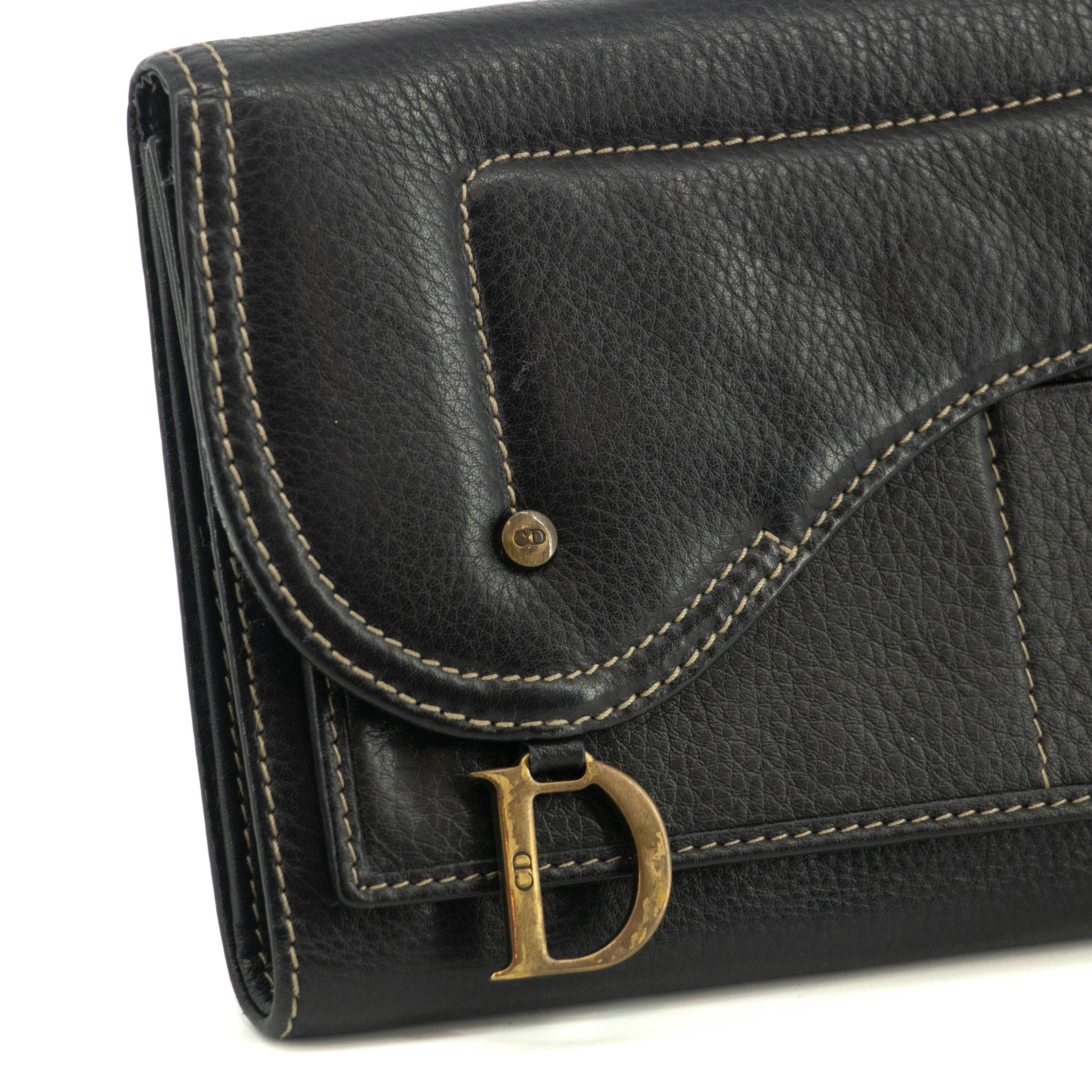 Christian Dior Saddle Black Leather Long Trifold Wallet #3690