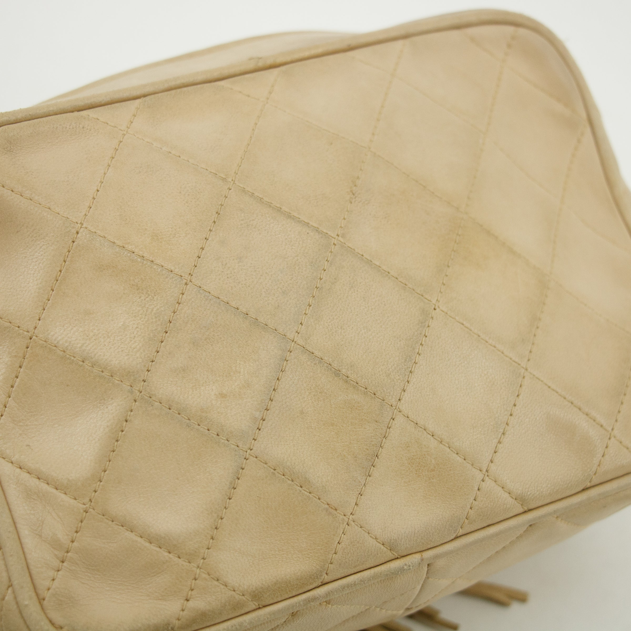 Chanel Matelasse Quilted Lambskin Beige Tassel Camera Shoulder Bag #3770