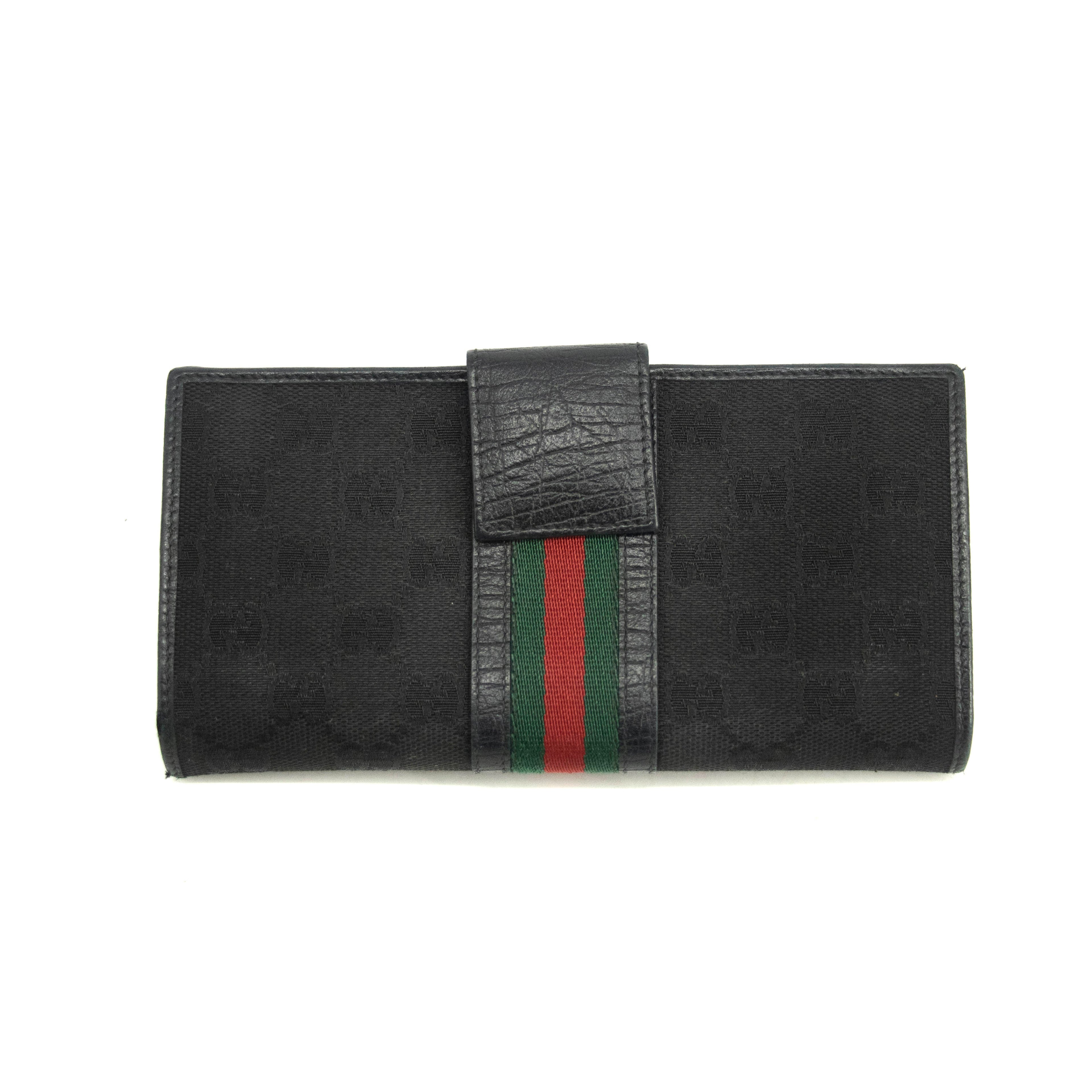 Gucci GG Vintage Black Canvas x Leather Sherry Line Long Wallet #3938