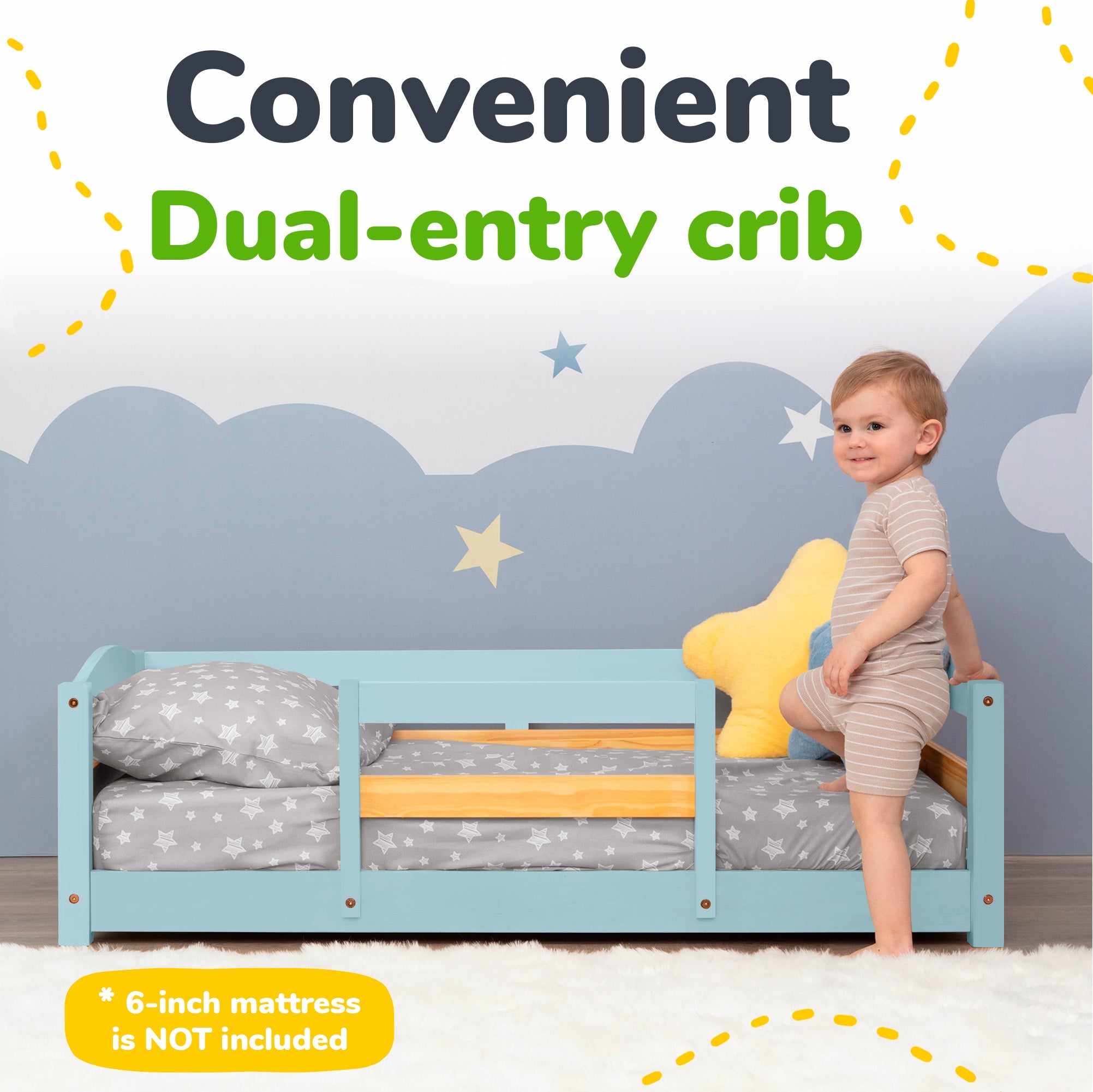 Crib Size Wooden Floor Bed Frame with Rails for Toddlers Age 1–3