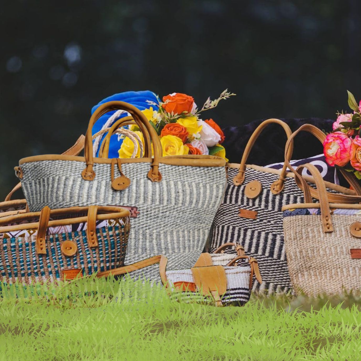 Ash Wisdom Striped Handwoven Sisal Straw Basket Tote
